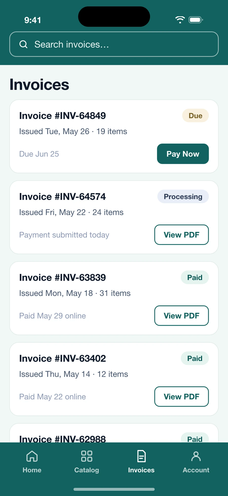 Capital Trading app showing invoices on a customer account