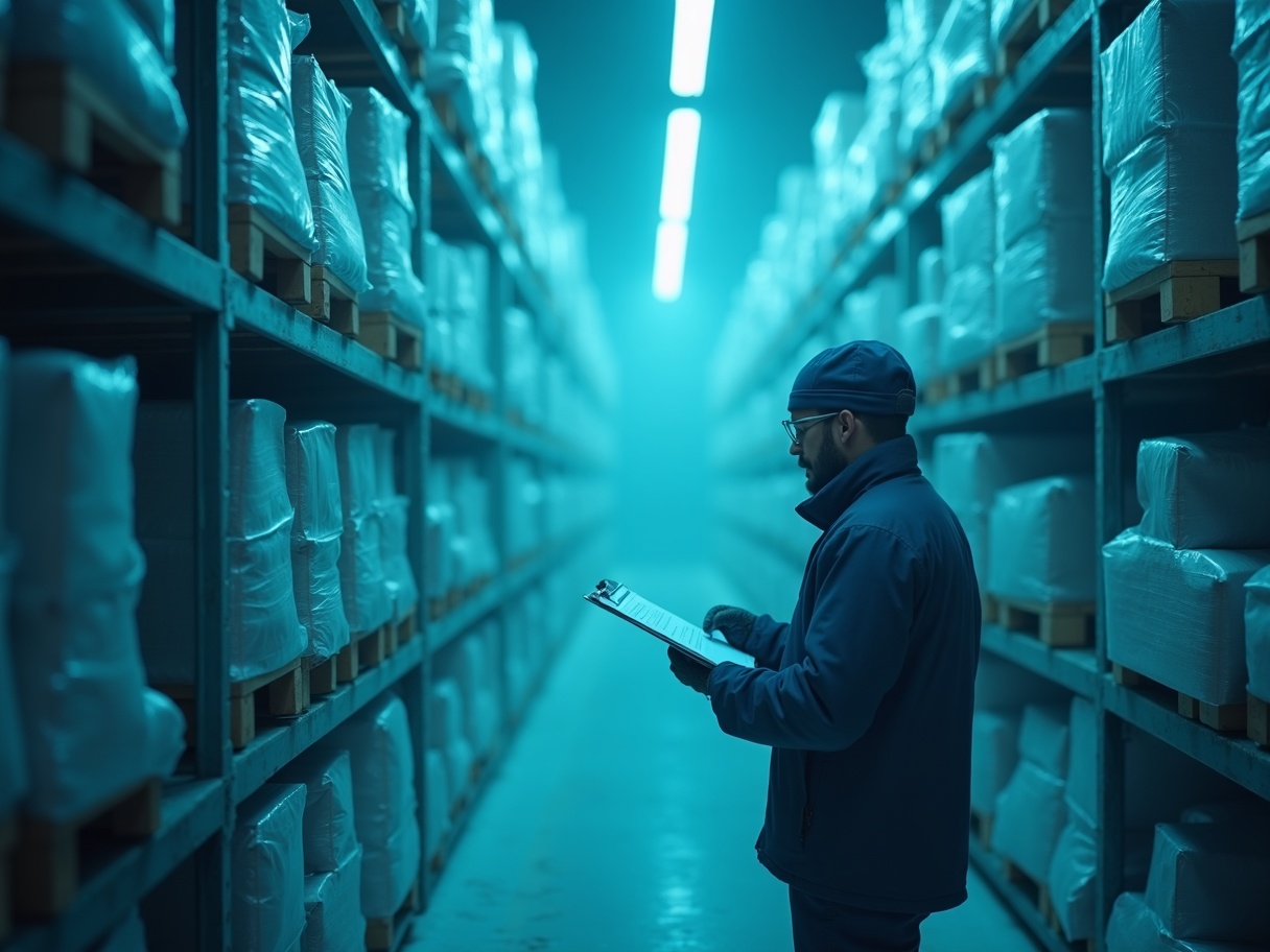 Frosty racks of frozen goods inside the Capital Trading cold storage warehouse