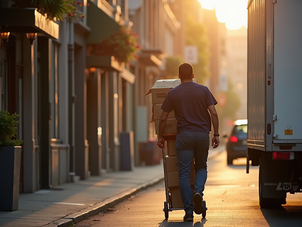 Delivery driver wheeling boxes of product to a restaurant at sunrise