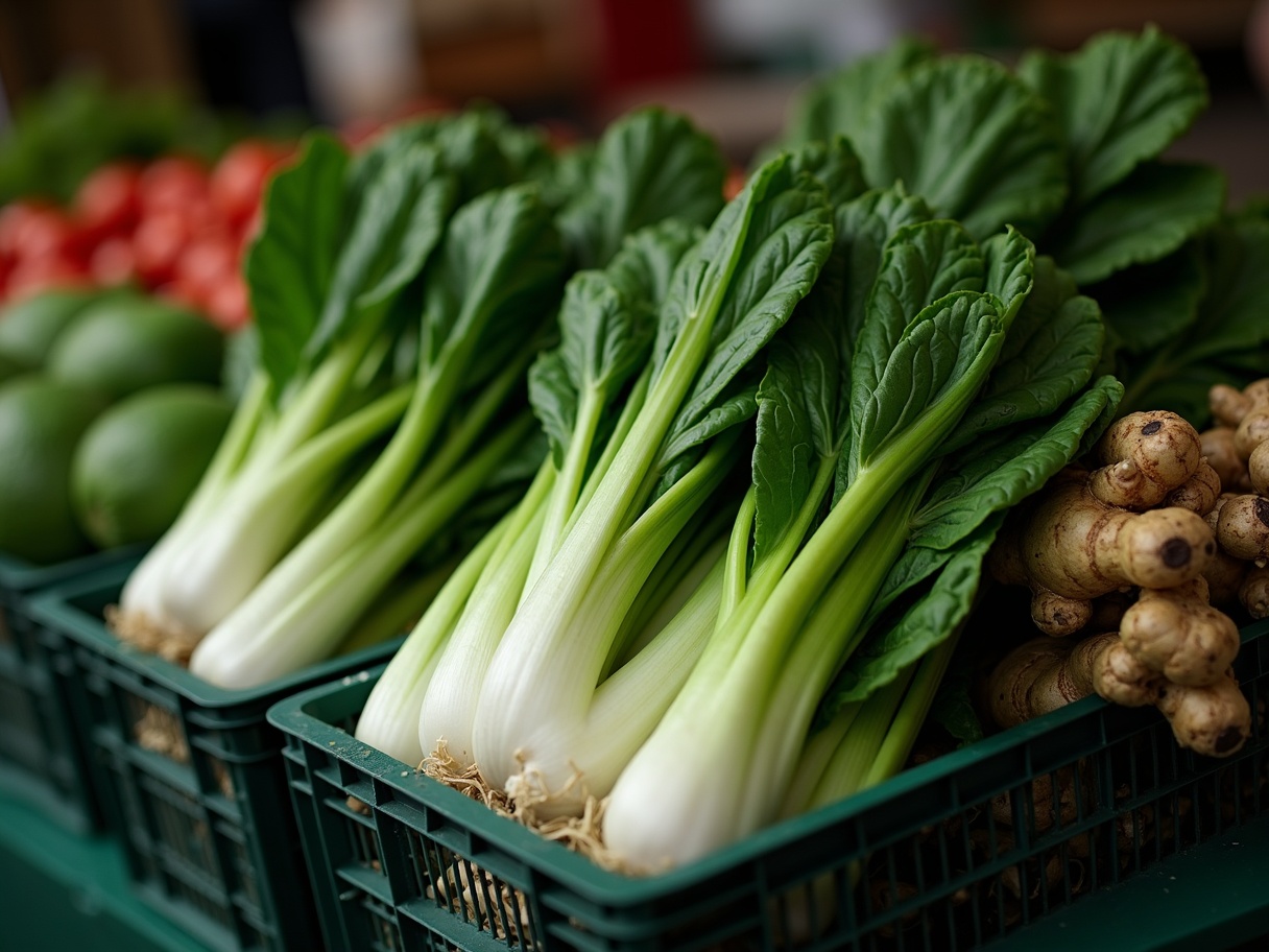 Crates of fresh bok choy, ginger, and Asian produce