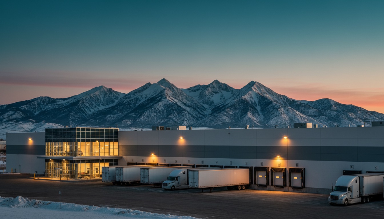 Distribution warehouse at dusk with trailers docked beneath snow-capped Utah mountains